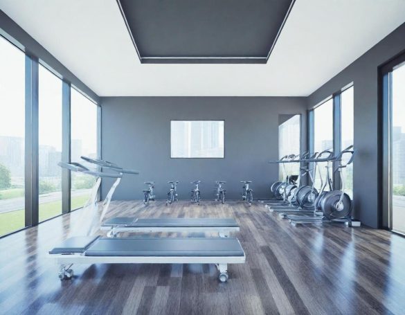 Sport und Gesundheit Moderne Fitnessstudio-Umgebung mit Laufband und Fahrrädern in hellen, geräumigen Räumen.