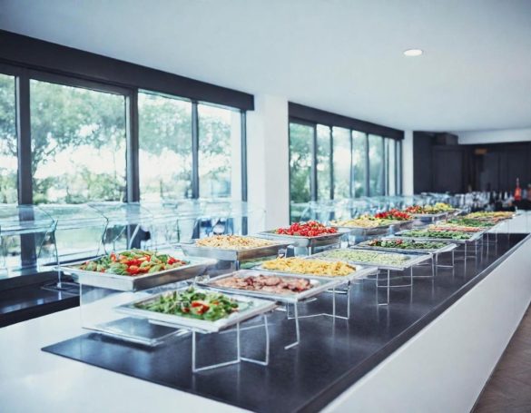 Ho.Re.Ca Buffet mit frischen Salaten und Beilagen in modernem, hellen Raum.