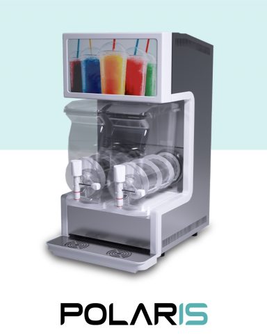 Getränkedispenser (Heiß/Kalt) Slush-Eismaschine mit bunten Getränken und klaren Behältern, Marke Polaris.