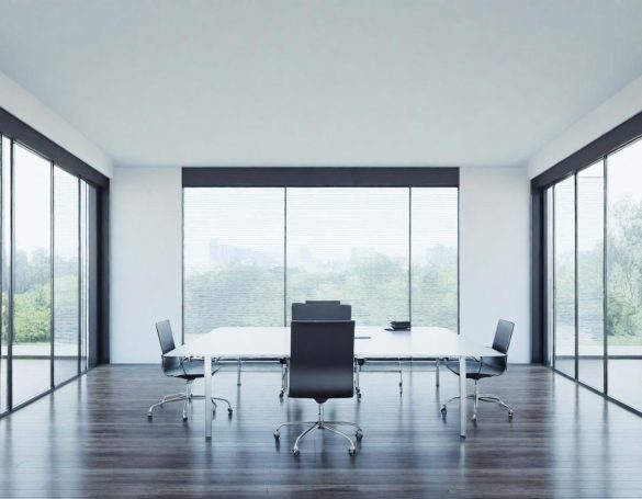 Büro / öffentliche Einrichtungen Moderne Besprechungsraum mit gläsernen Wänden und einem großen Tisch in der Mitte.