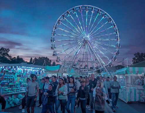 Jahrmärkte/Weihnachtsmärkte Riesenrad vor einem festlichen Markt mit bunten Lichtern und Menschenmengen.
