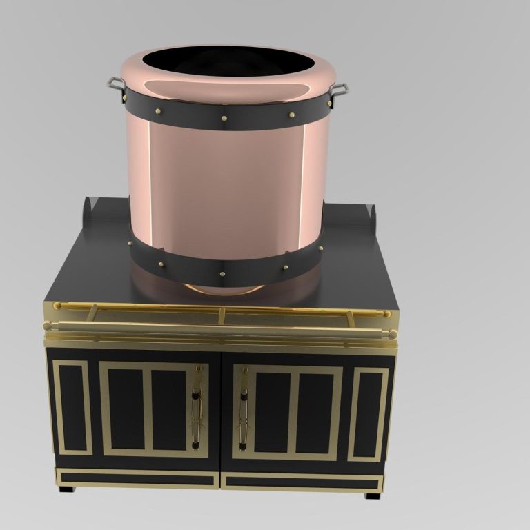 Kupferkessel Feuerzangenbowle Kupferkessel auf einem eleganten, schwarzen Unterschrank mit goldenen Akzenten.
